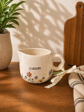 Rae Dunn Cream Ceramic Creamer with Hand-Painted Floral Design